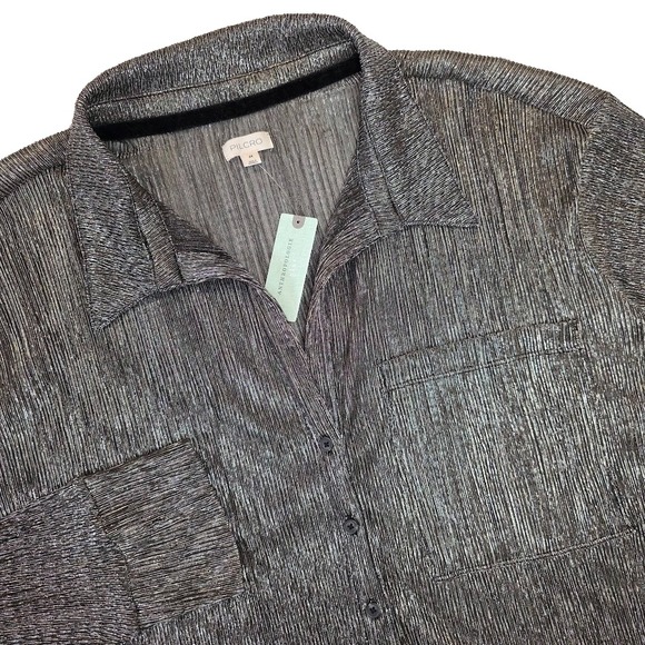 Anthropologie Pilcro Size 2X Metallic Buttondown Tunic Blouse Black Silver NWT - Picture 3 of 12